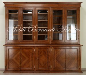 Removable classic style bookcase made of walnut wood with closed and glass doors
